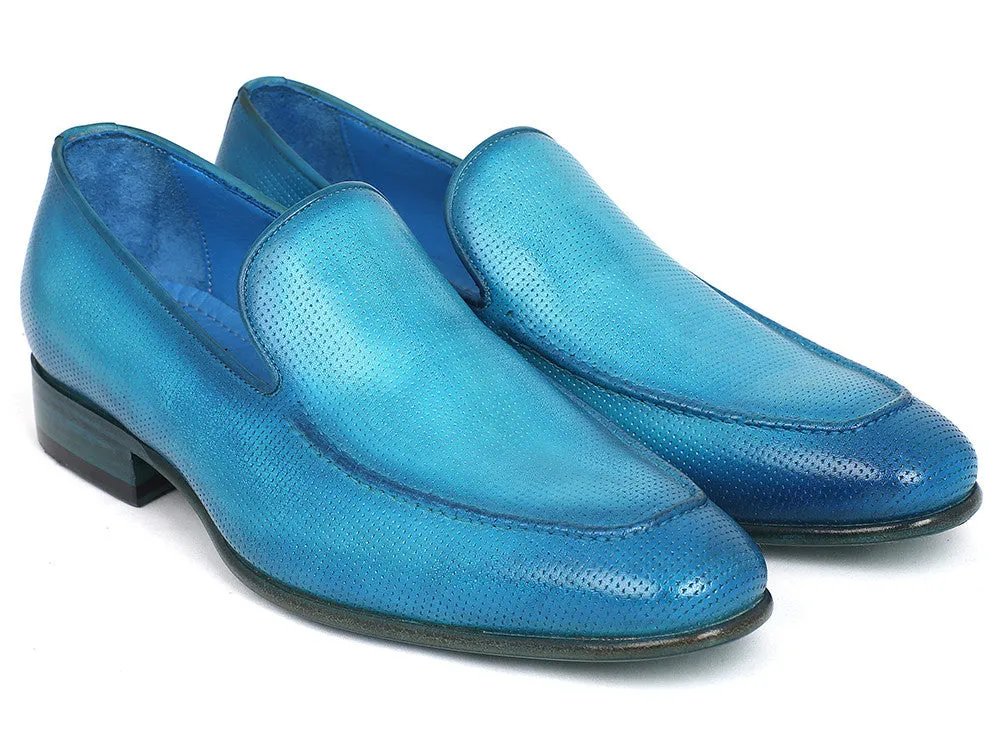 Paul Parkman Men's Perforated Leather Loafers in Turquoise