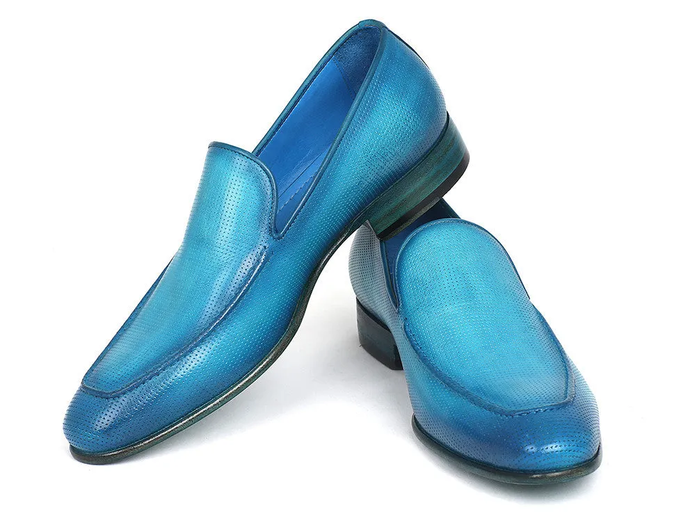 Paul Parkman Men's Perforated Leather Loafers in Turquoise