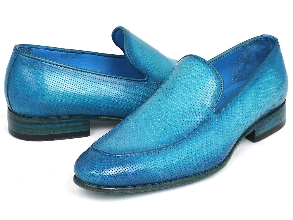 Paul Parkman Men's Perforated Leather Loafers in Turquoise