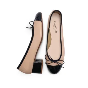 Powder pink leather ballet flats with high heel and patent toe