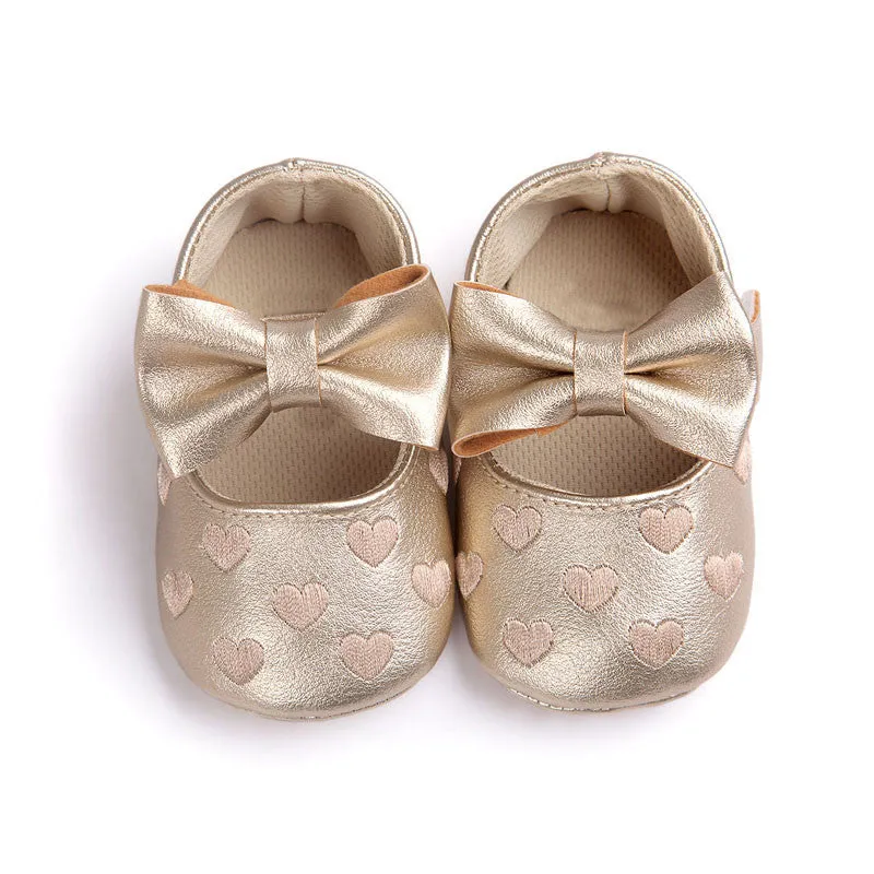 PU Leather born Baby Girls Princess Heart-Shaped Mary Jane Big Bow Prewalkers Soft Bottom Shoes Crib Babe Ballet Dress Shoes