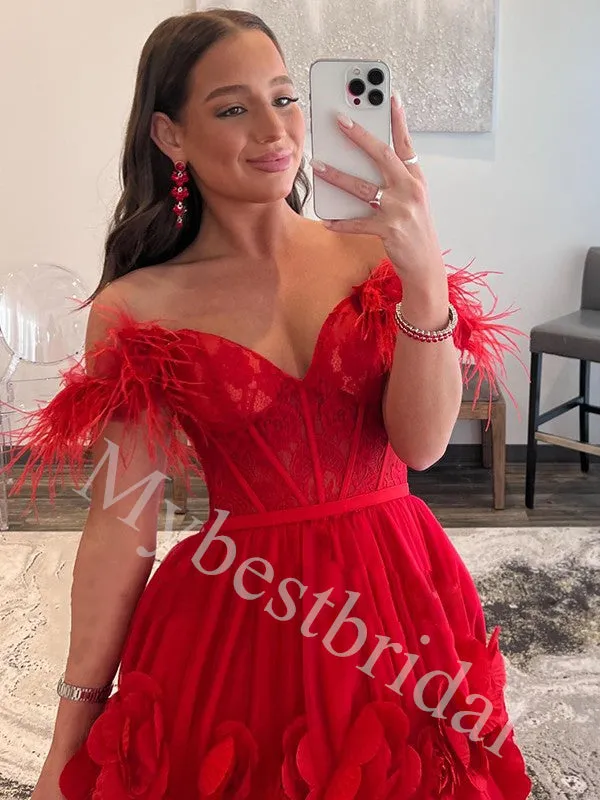 Red Elegant Sweetheart Off shoulder A-line Prom Dresses,PDS0989