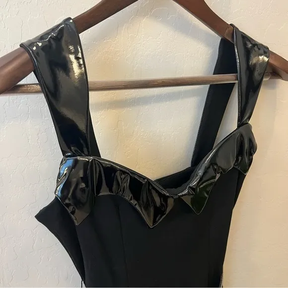 Retrolicious Vamp Wiggle bodycon black dress, vinyl trim detail, belted, sz S