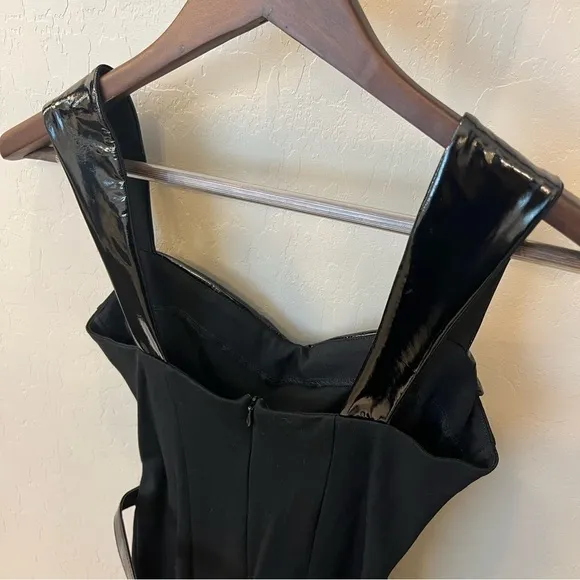 Retrolicious Vamp Wiggle bodycon black dress, vinyl trim detail, belted, sz S