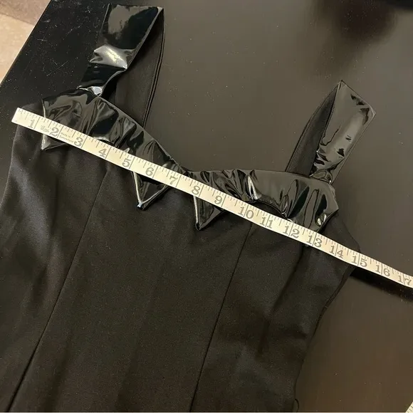 Retrolicious Vamp Wiggle bodycon black dress, vinyl trim detail, belted, sz S
