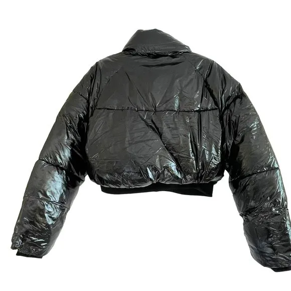 Revolve Blank NYC Jacket Shiny Patent Black Cropped Puffer Large NWT