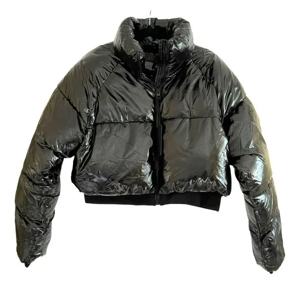 Revolve Blank NYC Jacket Shiny Patent Black Cropped Puffer Large NWT