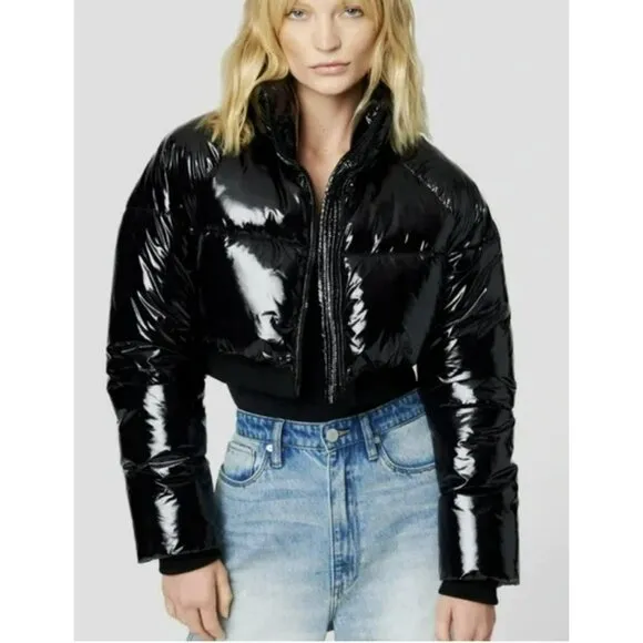 Revolve Blank NYC Jacket Shiny Patent Black Cropped Puffer Large NWT
