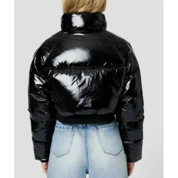 Revolve Blank NYC Jacket Shiny Patent Black Cropped Puffer Large NWT