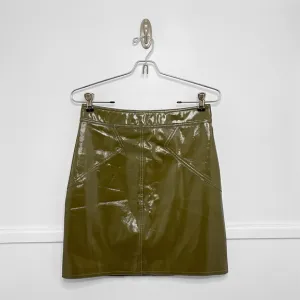 Ronny Kobo Rina Patent Faux Leather Mini Skirt in Military Green