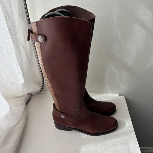 Sam Edelman Mikala Riding Boot Terazzo Brown Leather Croc Sz 6.5
