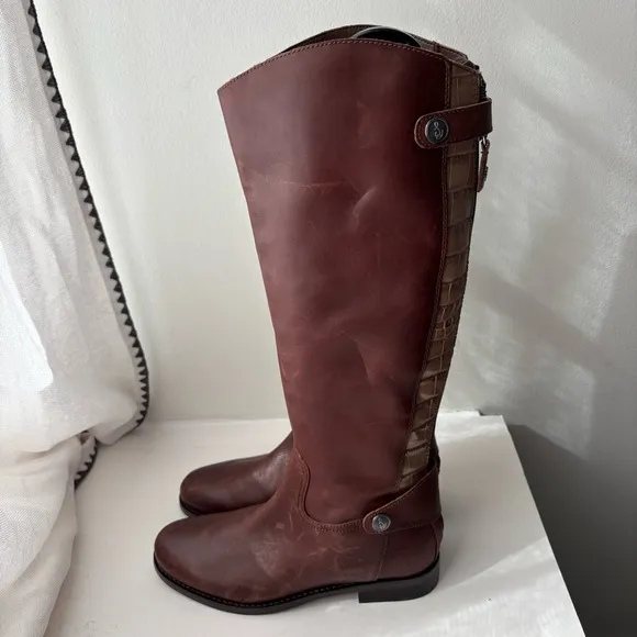Sam Edelman Mikala Riding Boot Terazzo Brown Leather Croc Sz 6.5