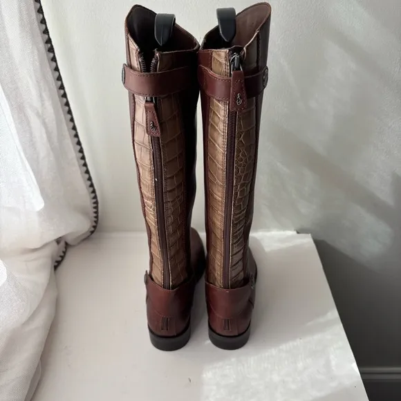 Sam Edelman Mikala Riding Boot Terazzo Brown Leather Croc Sz 6.5