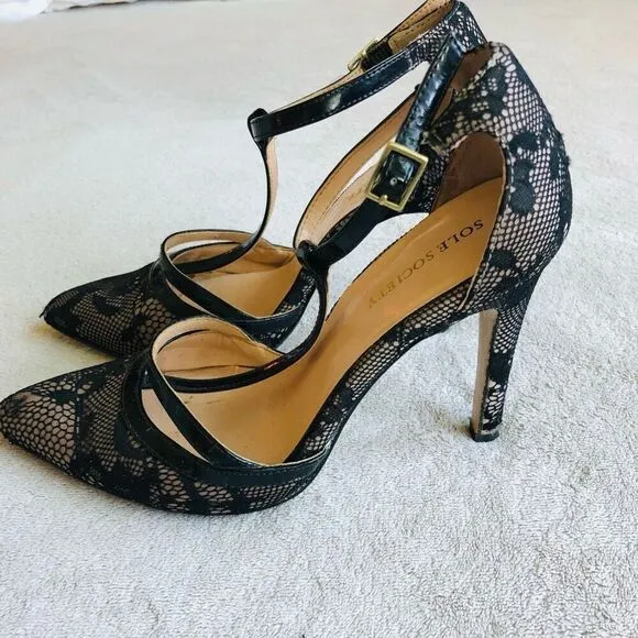 Sole Society Black Lace So Nicola Pointed Toe T-Strap Stiletto Pump