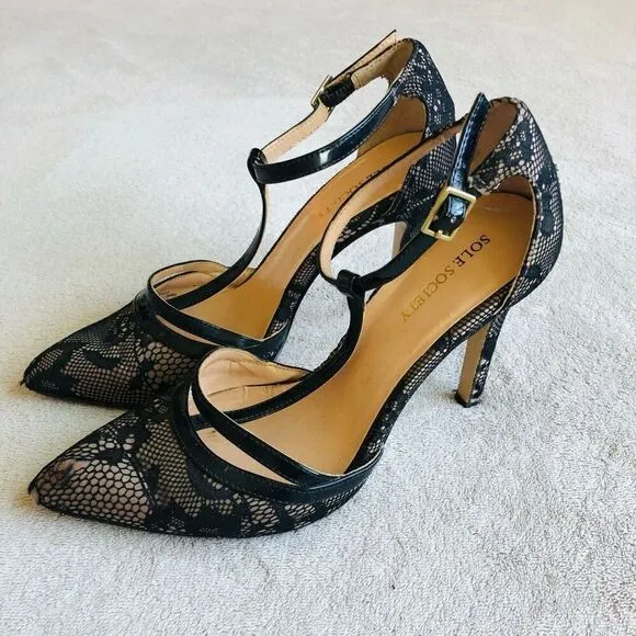 Sole Society Black Lace So Nicola Pointed Toe T-Strap Stiletto Pump