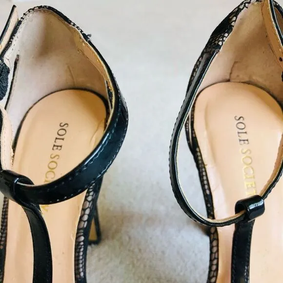 Sole Society Black Lace So Nicola Pointed Toe T-Strap Stiletto Pump