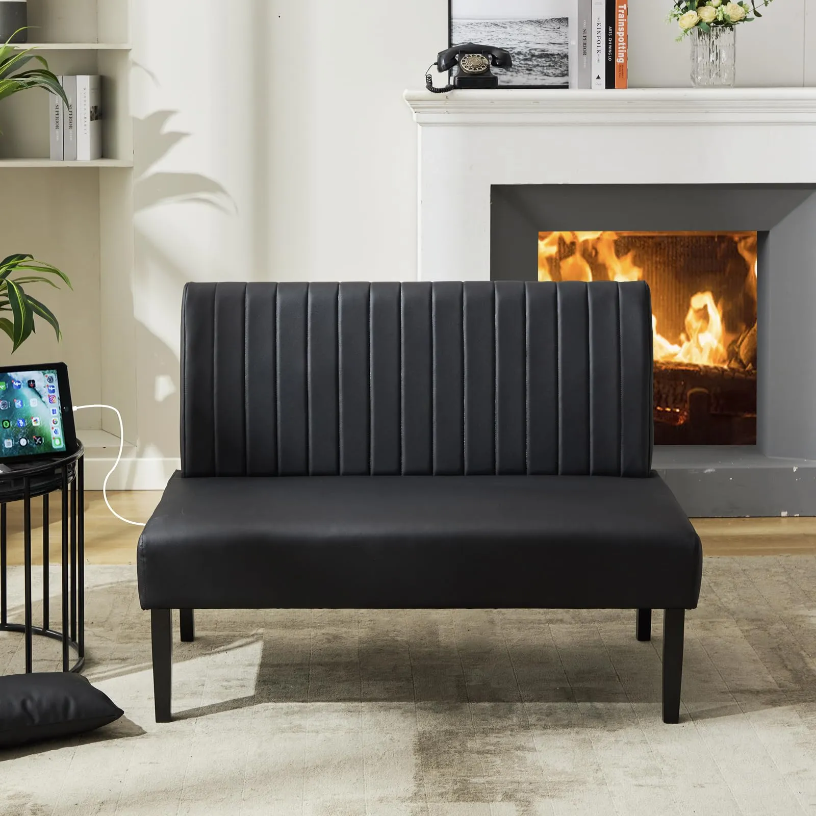 STHOUYN 43" Leather Couch Armless Loveseat Sofa with USB Port for Apartment Office Dorm -Black