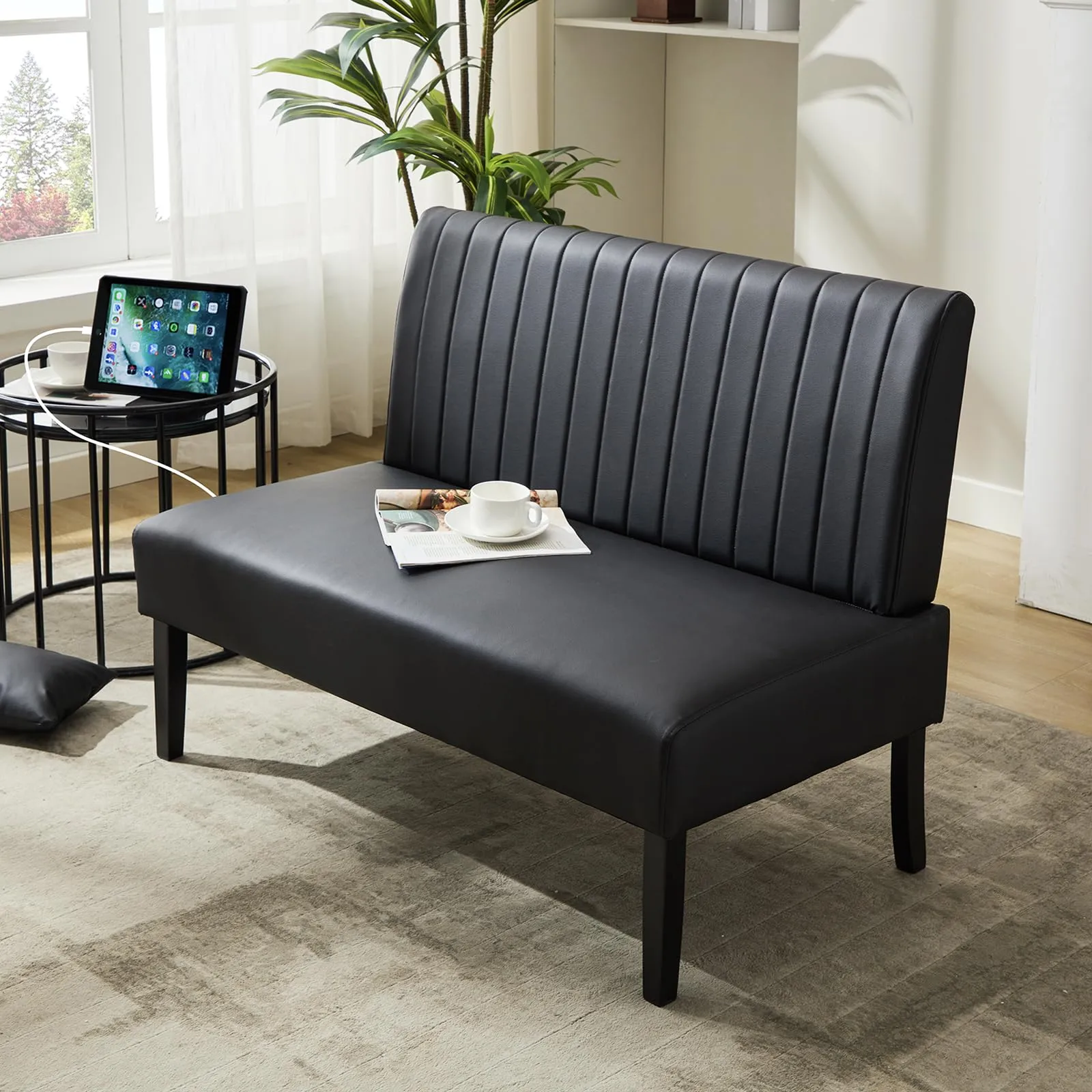 STHOUYN 43" Leather Couch Armless Loveseat Sofa with USB Port for Apartment Office Dorm -Black