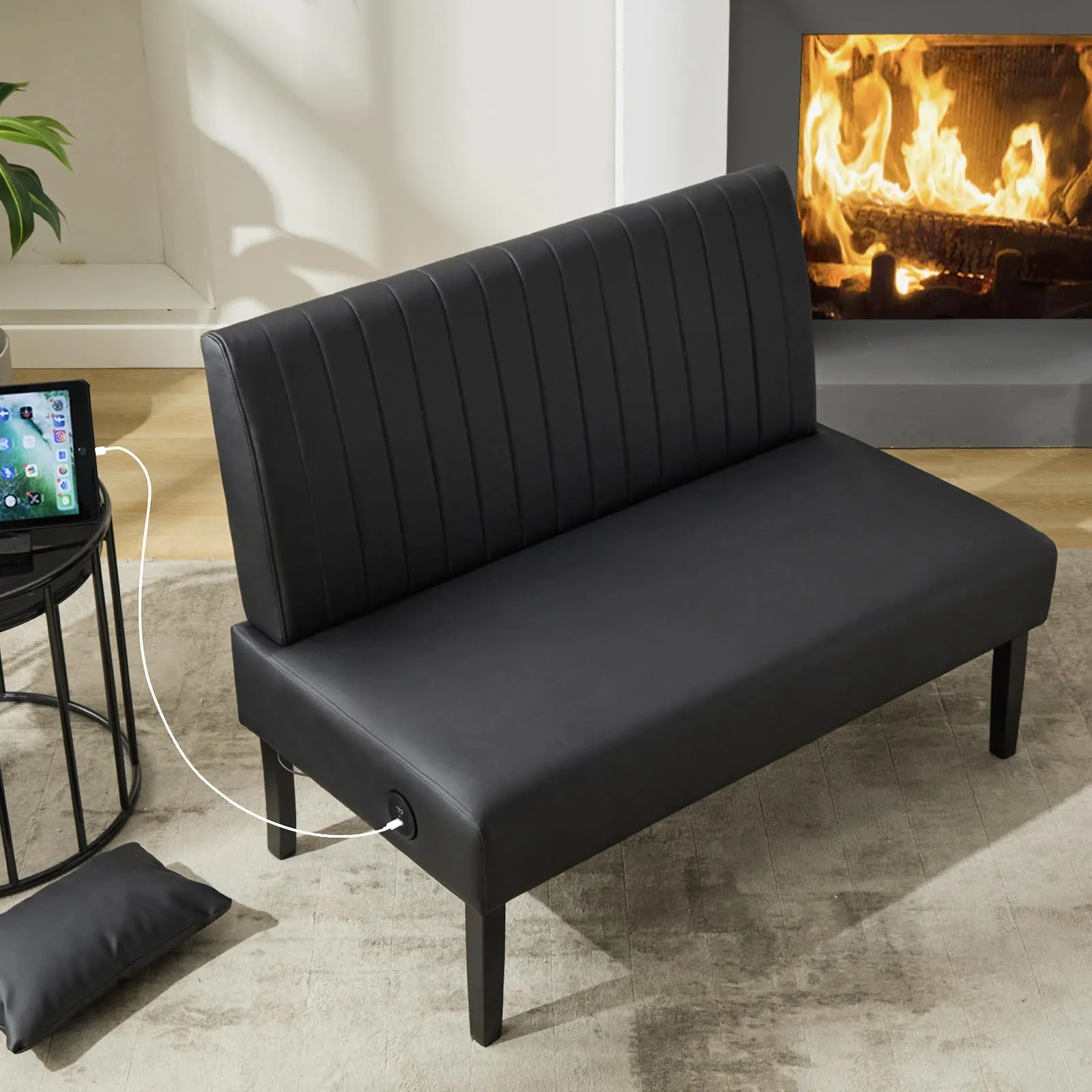 STHOUYN 43" Leather Couch Armless Loveseat Sofa with USB Port for Apartment Office Dorm -Black