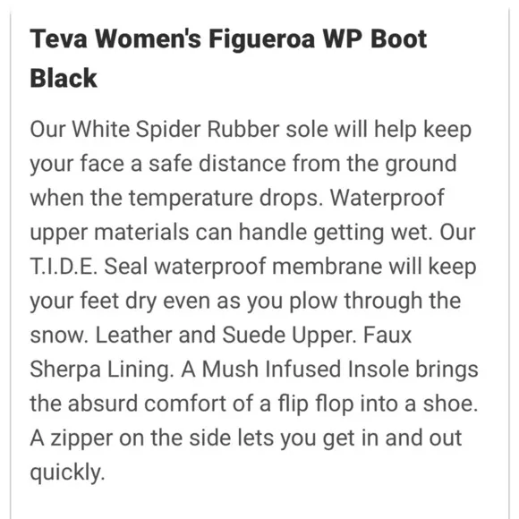 Teva Figueroa Black Nubuck Leather Fleece Lining Waterproof Boot Size 6
