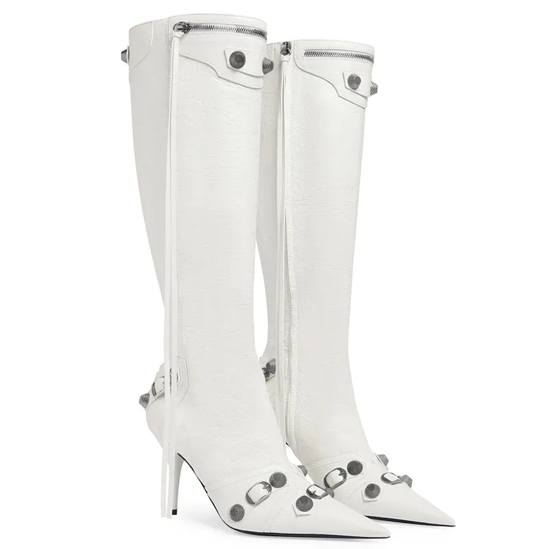 Trending rivet tassel leather knee high boots