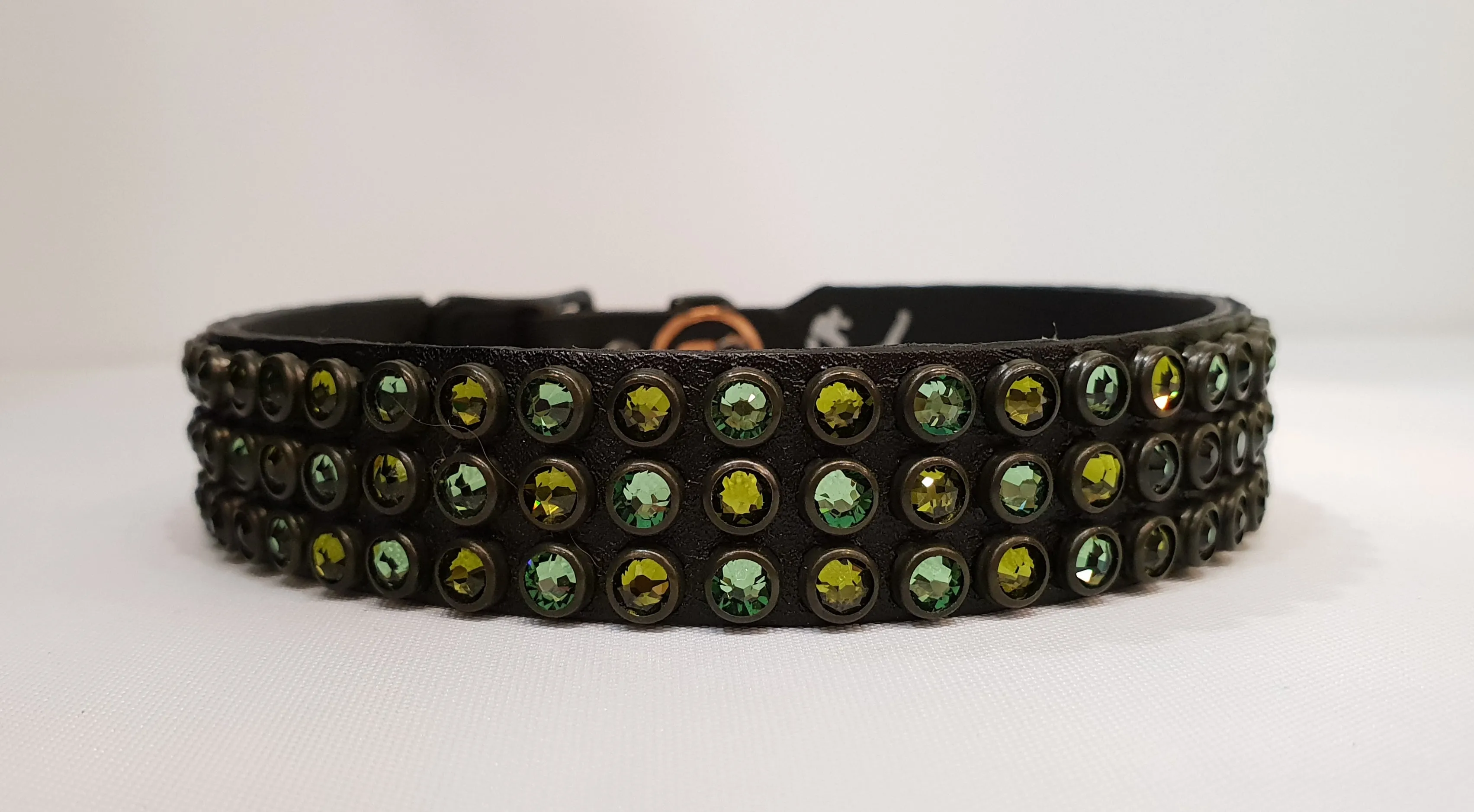 Triple Row 3/4" Collar - Black Leather / Green Crystals