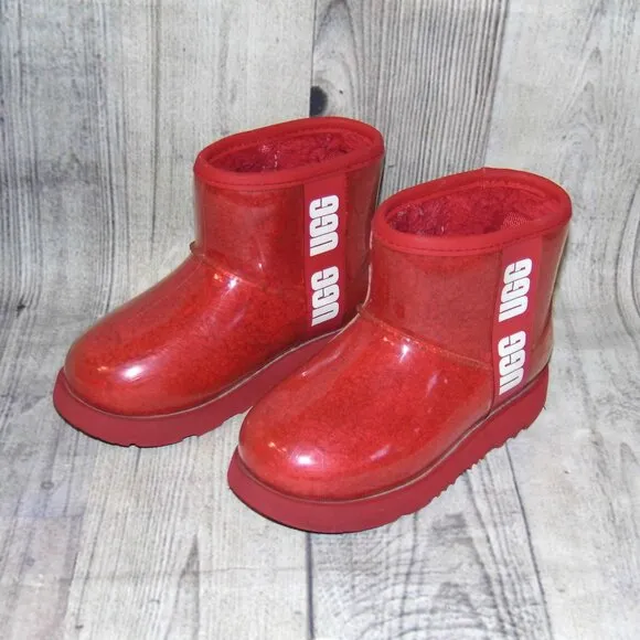 UGG Classic Clear Mini Samba Red Rubber/Sheepskin Boots Little Kids Size 11