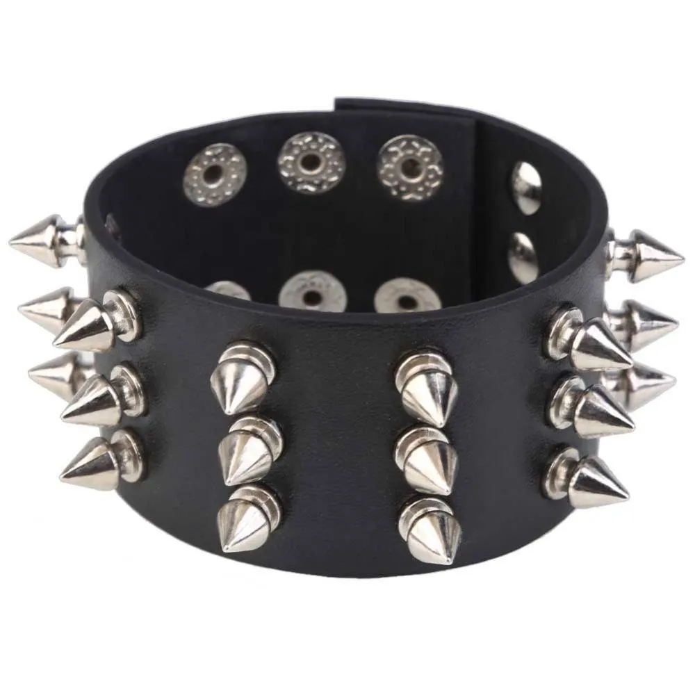 Unisex Black Leather Spiked Bracelet