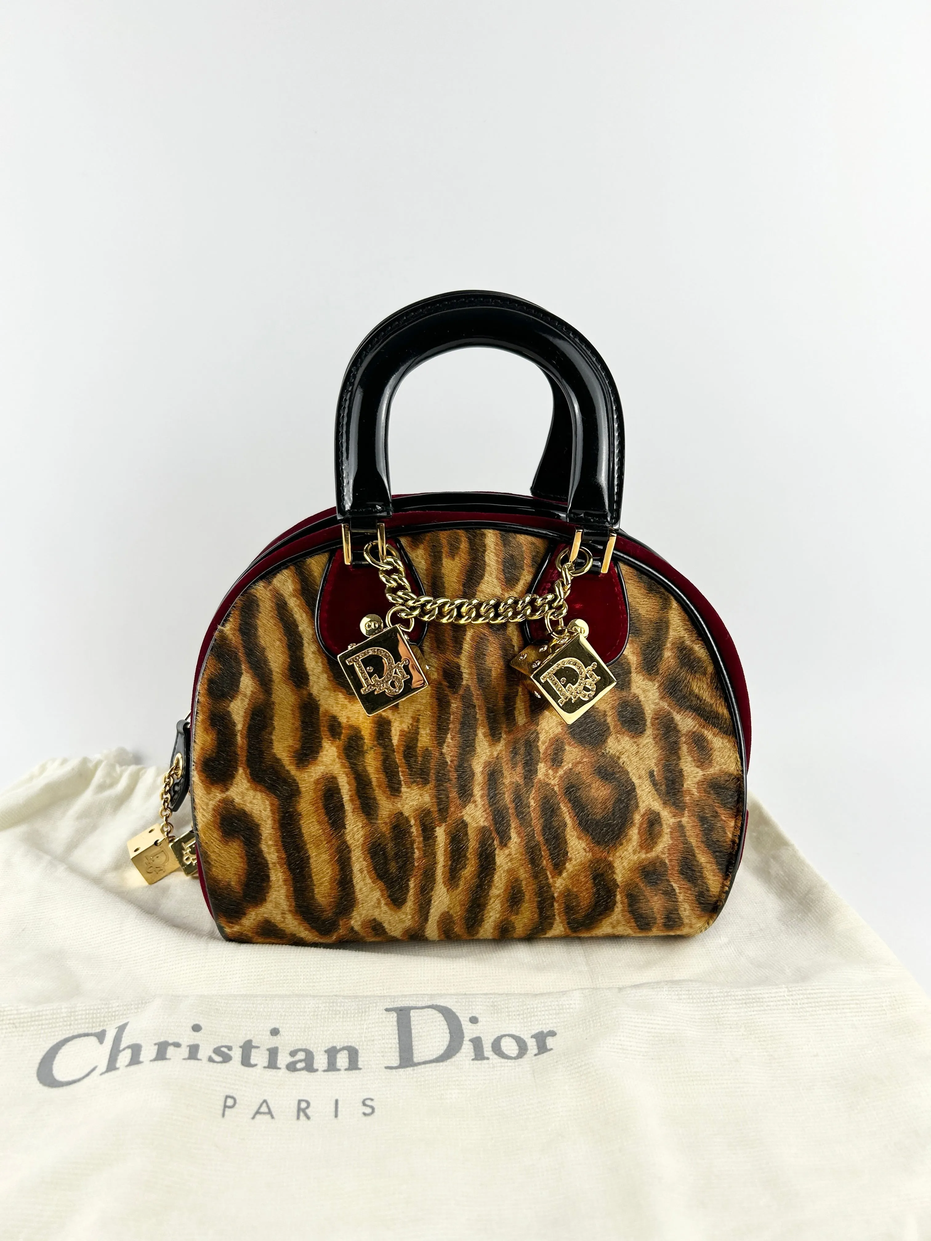 Vintage Christian Dior Leopard Print Ponyhair Gambler Dice Handbag (2004) RARE