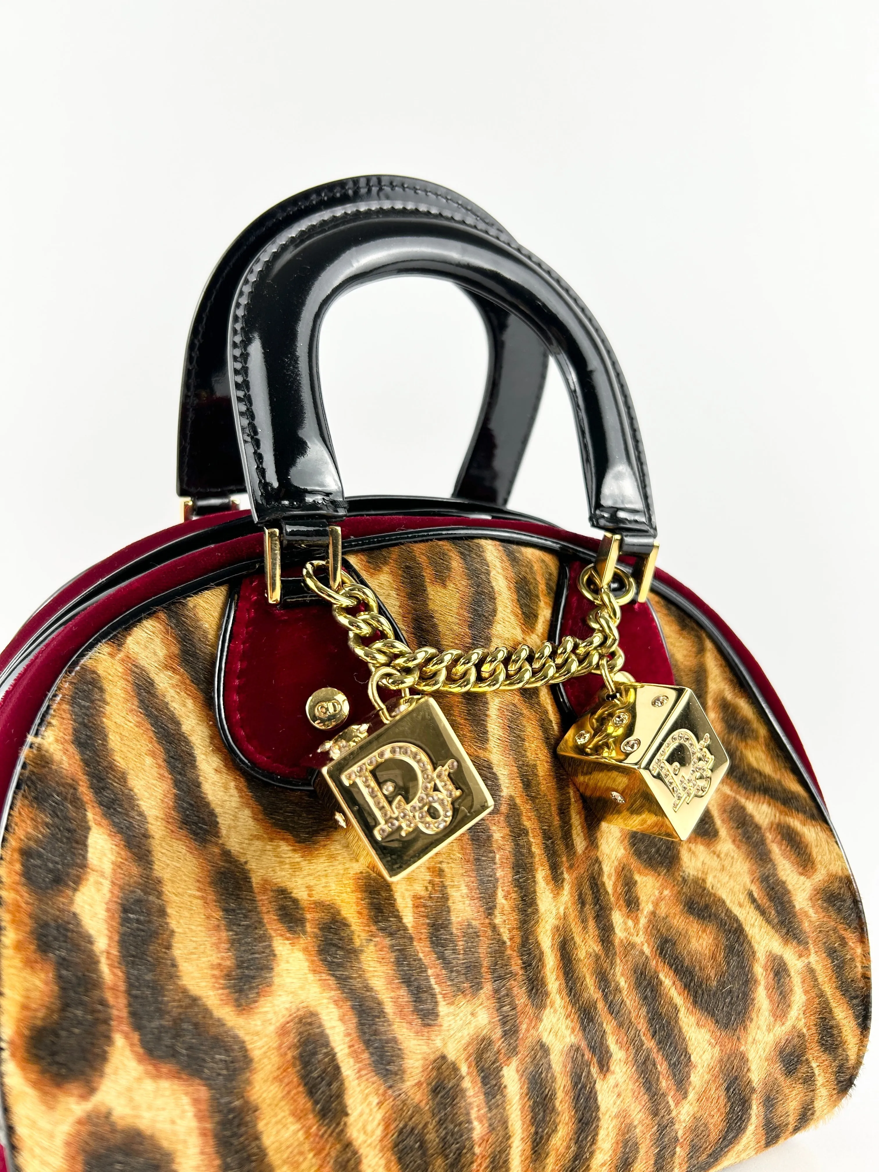 Vintage Christian Dior Leopard Print Ponyhair Gambler Dice Handbag (2004) RARE