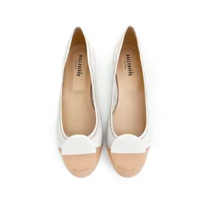 White leather ballet flats, taupe patent leather toe and stud