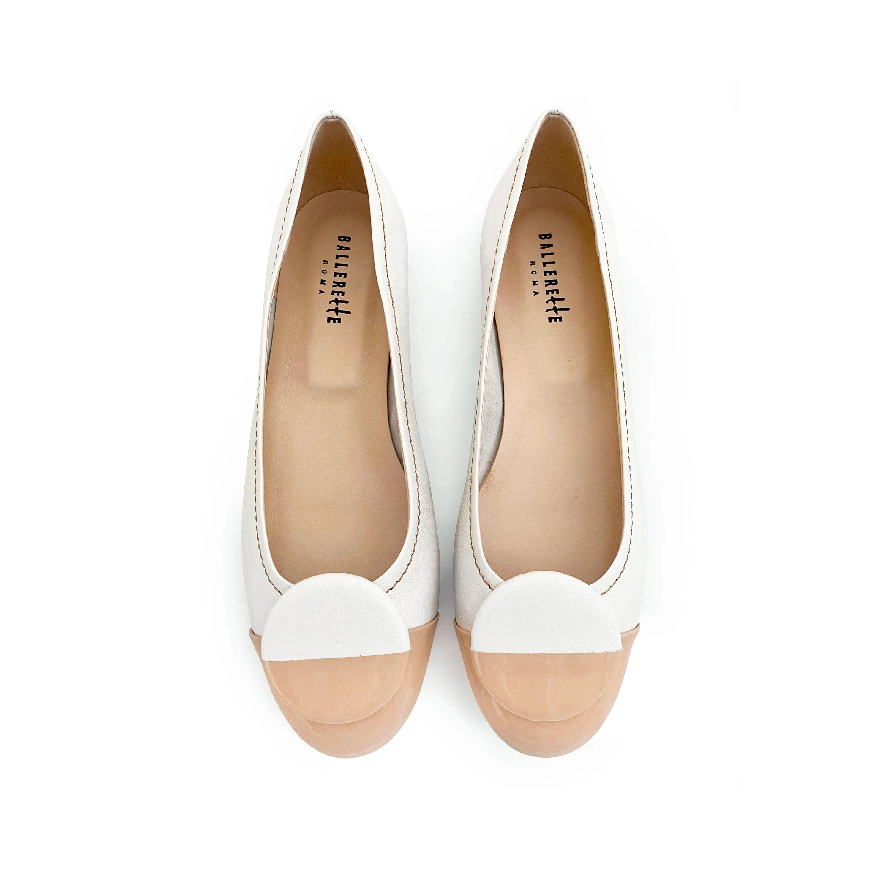 White leather ballet flats, taupe patent leather toe and stud