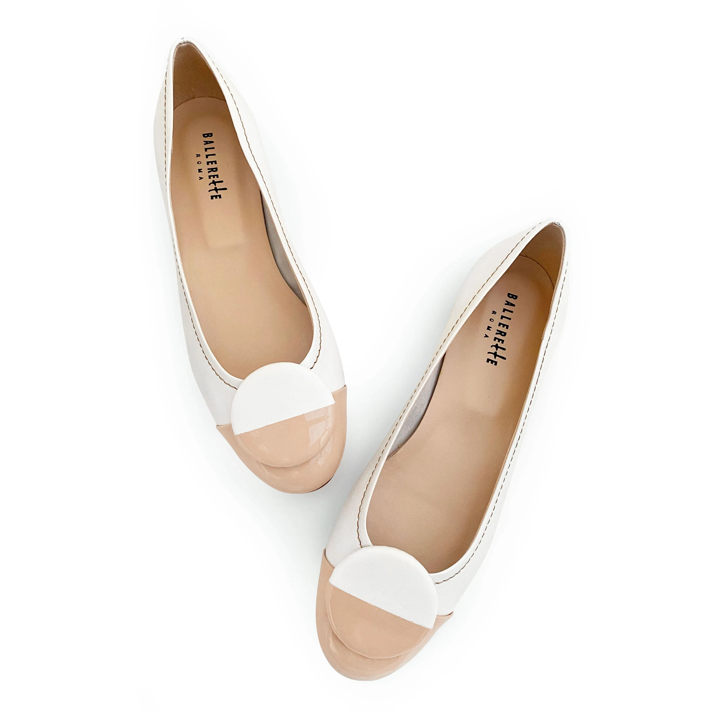White leather ballet flats, taupe patent leather toe and stud