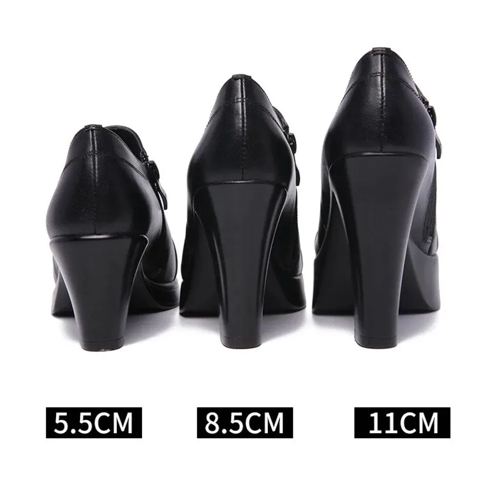 Women's Black Split Leather Shoes High Heels for Thin Feet