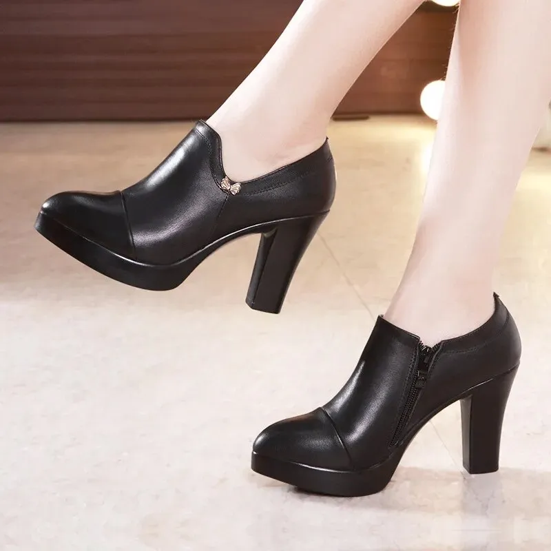 Women's Black Split Leather Shoes High Heels for Thin Feet
