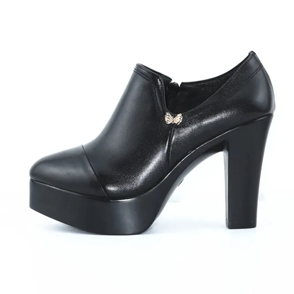 Women's Black Split Leather Shoes High Heels for Thin Feet