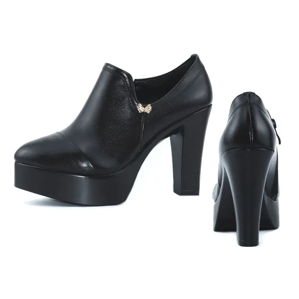Women's Black Split Leather Shoes High Heels for Thin Feet