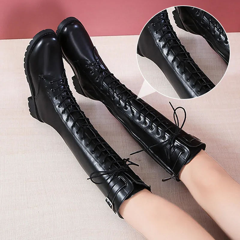 Women's Lace Up Chunky Heel Knee-High Boots