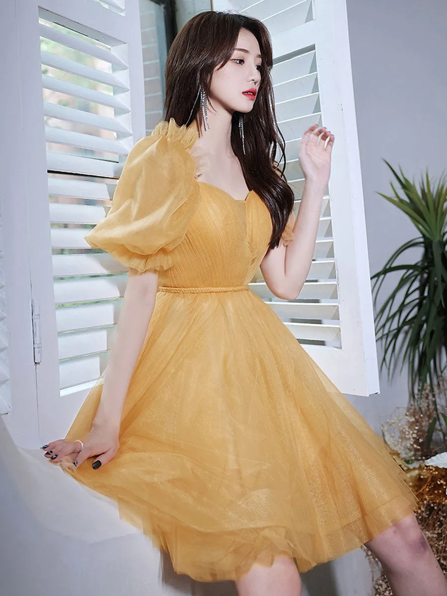 Yellow tulle short prom dress, yellow homecoming dress